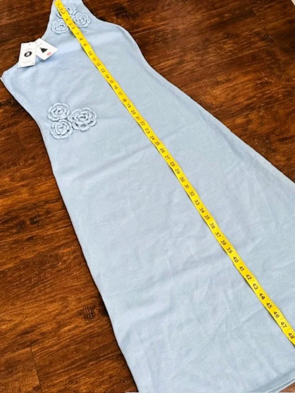 Light Blue One Shoulder Crochet Flower Knit Maxi Dress M - Picture 9 of 10